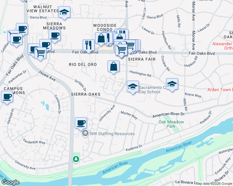 map of restaurants, bars, coffee shops, grocery stores, and more near 260 Munroe Street in Sacramento