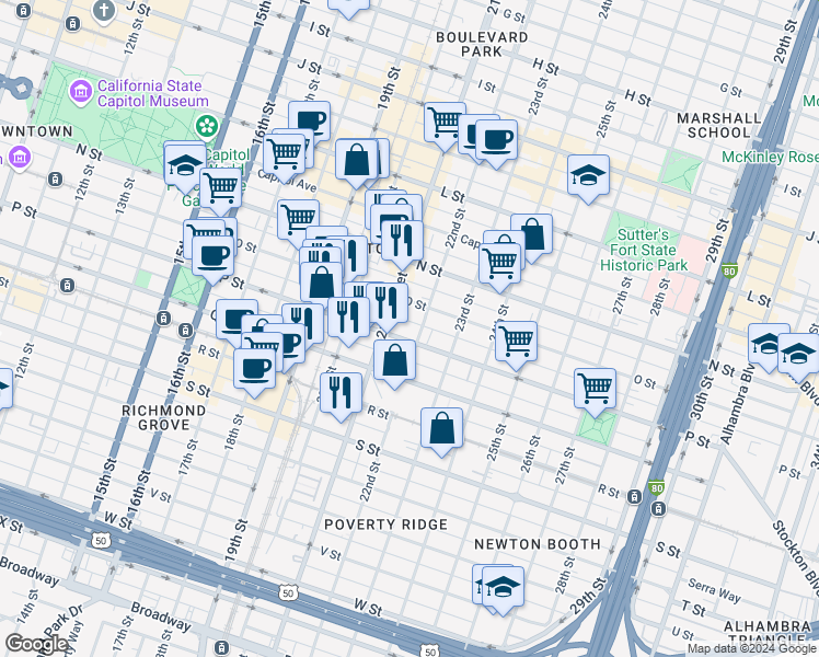 map of restaurants, bars, coffee shops, grocery stores, and more near in Sacramento