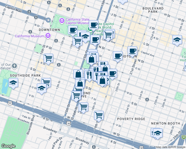map of restaurants, bars, coffee shops, grocery stores, and more near 1720 17th Street in Sacramento