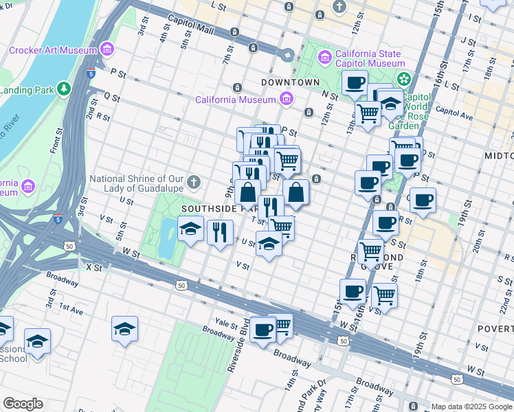 map of restaurants, bars, coffee shops, grocery stores, and more near 1916 11th Street in Sacramento