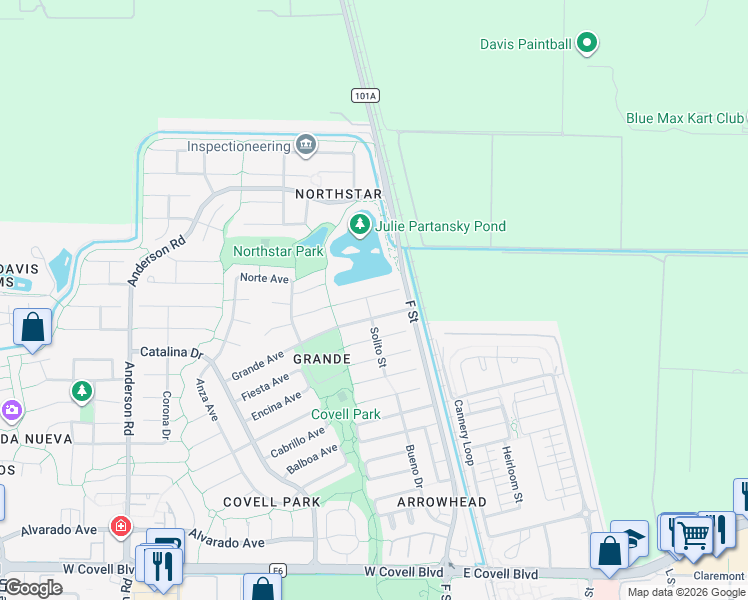 map of restaurants, bars, coffee shops, grocery stores, and more near 131 Grande Avenue in Davis