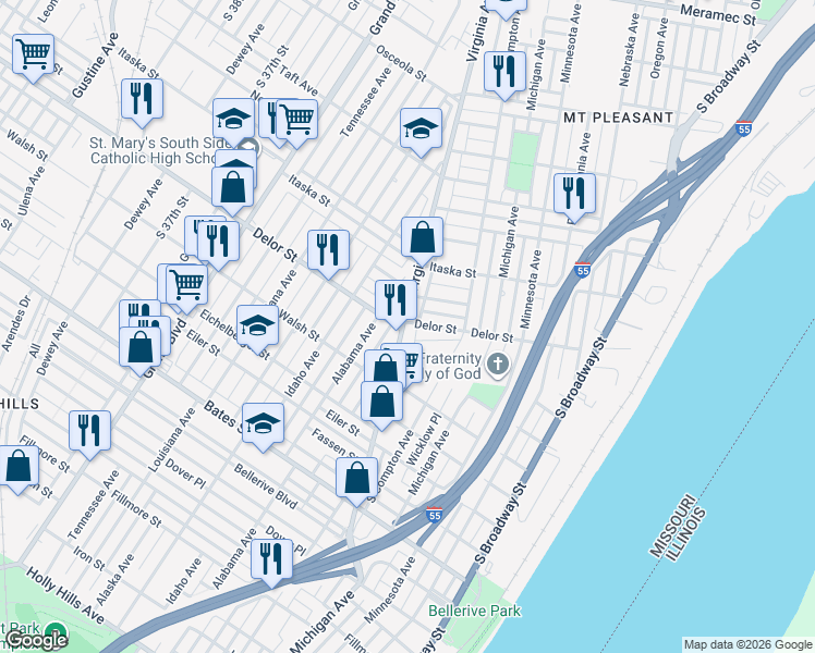 map of restaurants, bars, coffee shops, grocery stores, and more near 5010 Virginia Avenue in St. Louis