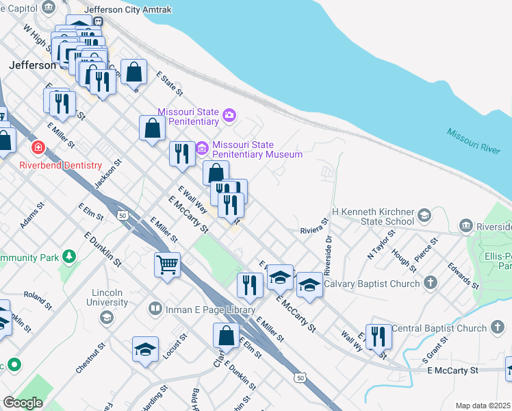 map of restaurants, bars, coffee shops, grocery stores, and more near 210 Capitol Court in Jefferson City