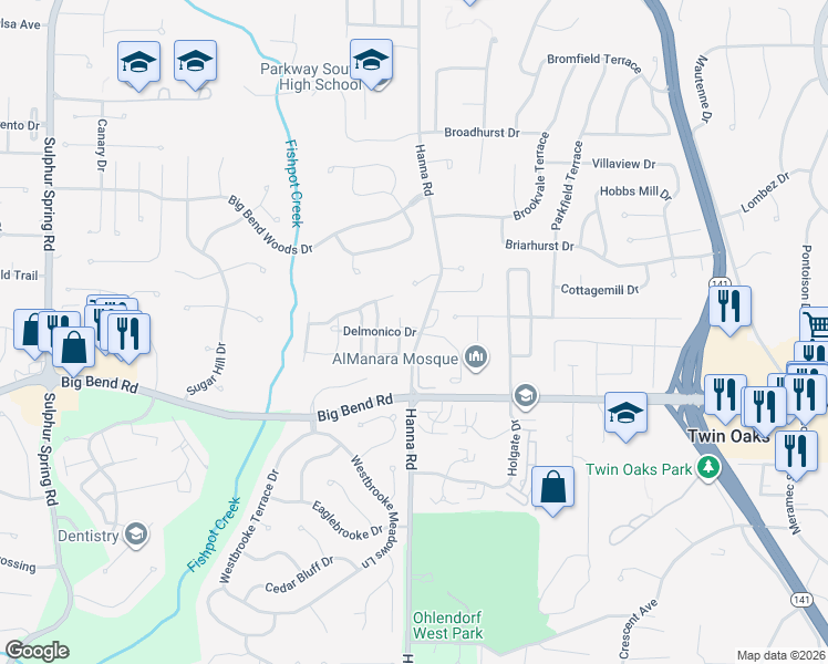 map of restaurants, bars, coffee shops, grocery stores, and more near 879 Delmonico Drive in Manchester