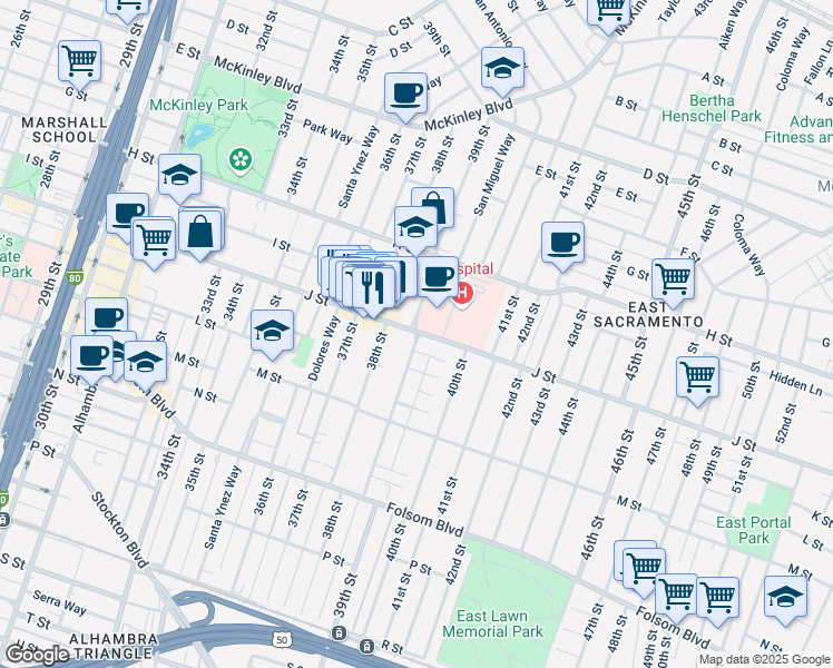 map of restaurants, bars, coffee shops, grocery stores, and more near 1040 39th Street in Sacramento