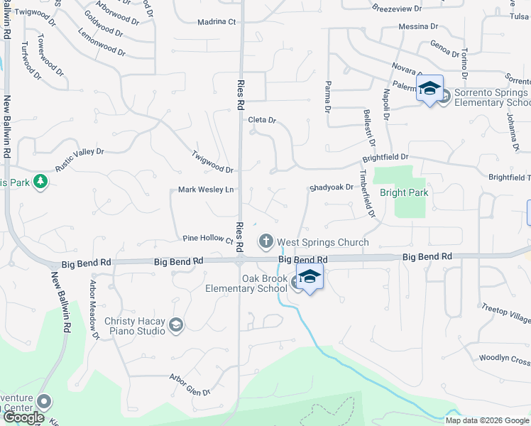 map of restaurants, bars, coffee shops, grocery stores, and more near 1098 Hollybend Drive in Ballwin