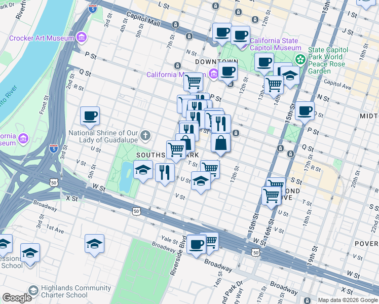 map of restaurants, bars, coffee shops, grocery stores, and more near 1916 11th Street in Sacramento