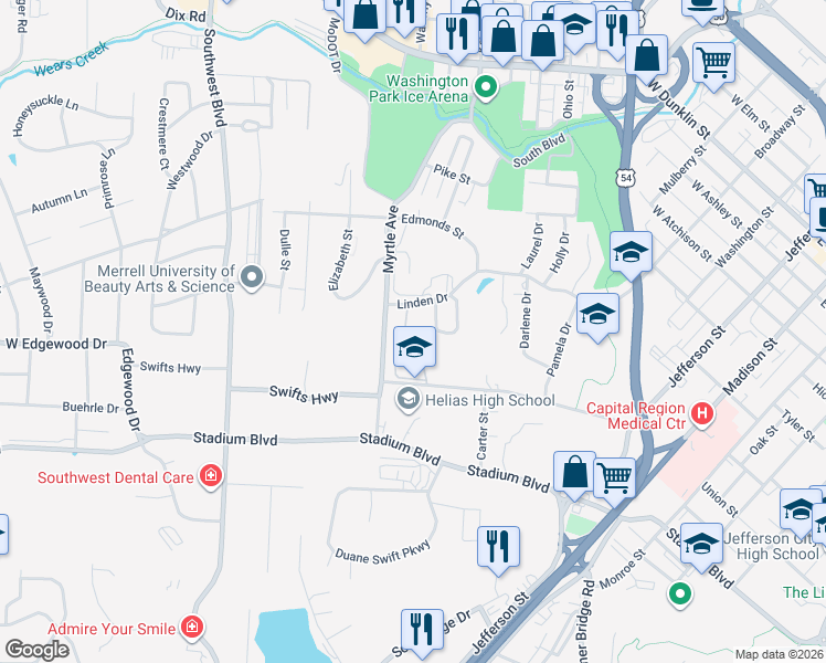 map of restaurants, bars, coffee shops, grocery stores, and more near 1310 Swifts Highway in Jefferson City