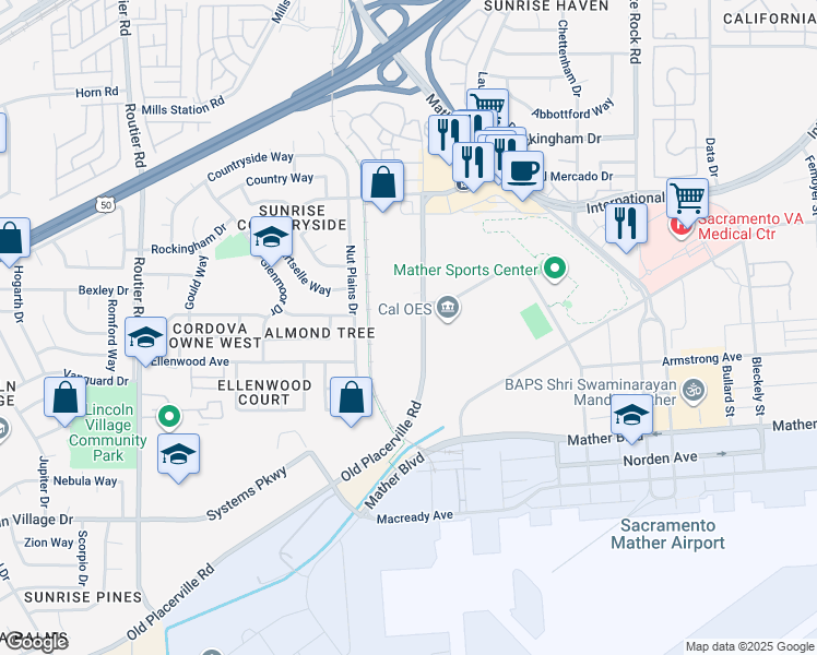 map of restaurants, bars, coffee shops, grocery stores, and more near 10415 Old Placerville Rd in Sacramento