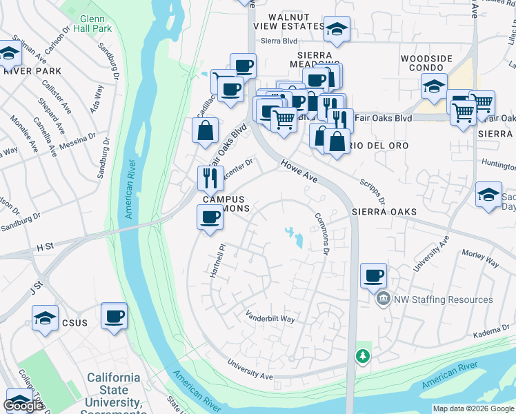 map of restaurants, bars, coffee shops, grocery stores, and more near 734 Commons Drive in Sacramento