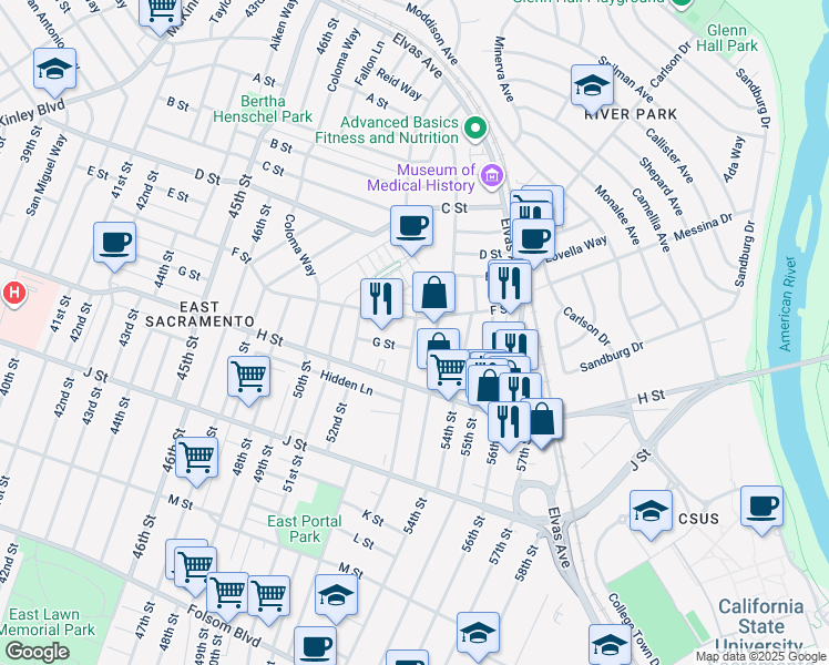 map of restaurants, bars, coffee shops, grocery stores, and more near 652 El Dorado Way in Sacramento