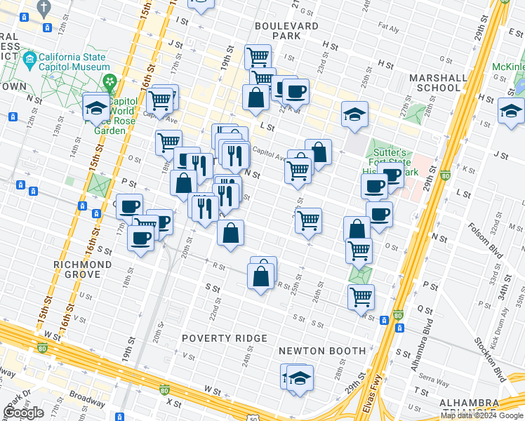 map of restaurants, bars, coffee shops, grocery stores, and more near 1520 23rd Street in Sacramento