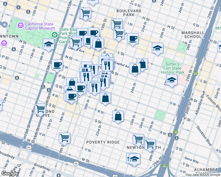 map of restaurants, bars, coffee shops, grocery stores, and more near in Sacramento