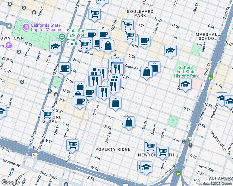 map of restaurants, bars, coffee shops, grocery stores, and more near in Sacramento