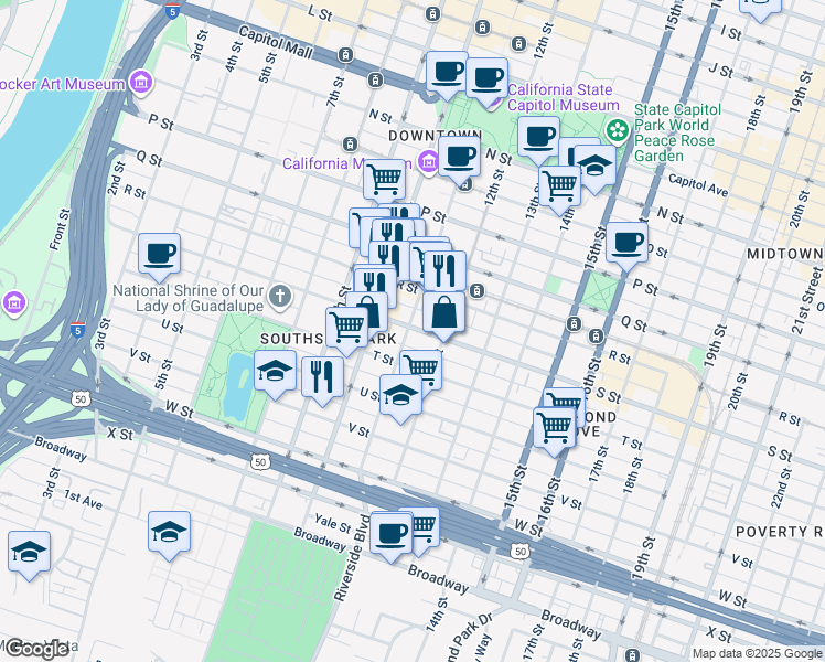 map of restaurants, bars, coffee shops, grocery stores, and more near 1916 11th Street in Sacramento