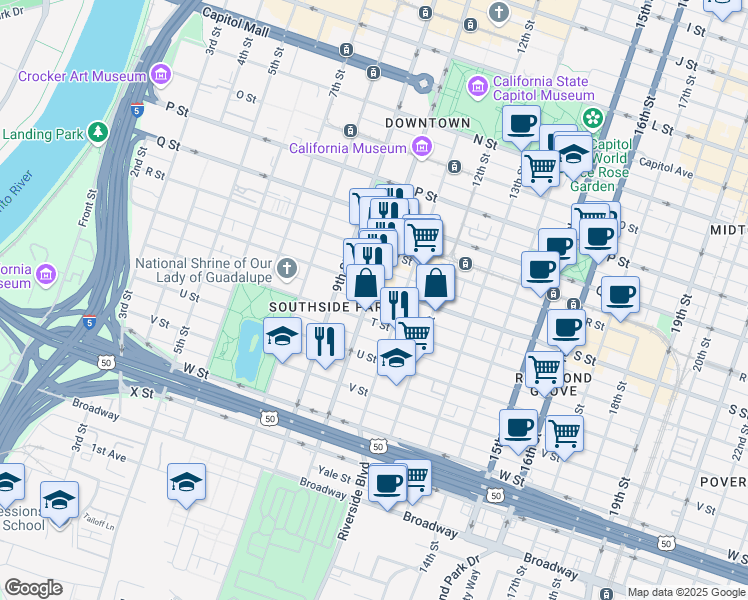 map of restaurants, bars, coffee shops, grocery stores, and more near 1916 11th Street in Sacramento
