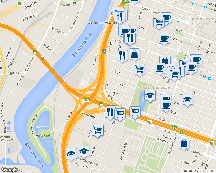 map of restaurants, bars, coffee shops, grocery stores, and more near 2130 4th Street in Sacramento