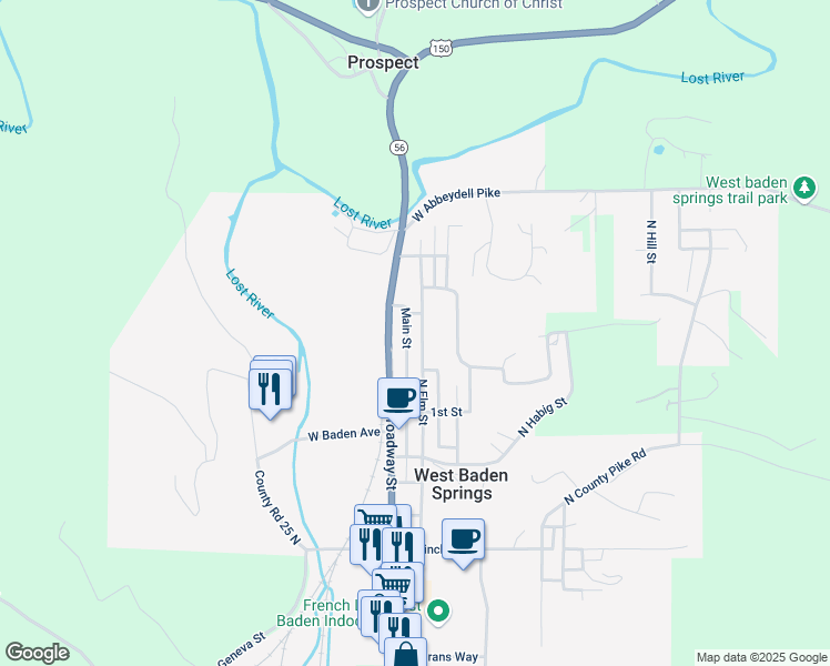 map of restaurants, bars, coffee shops, grocery stores, and more near 928 Main Street in West Baden Springs