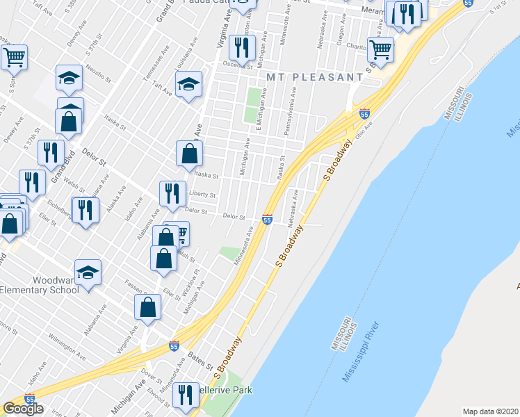 map of restaurants, bars, coffee shops, grocery stores, and more near 4759 Minnesota Avenue in St. Louis