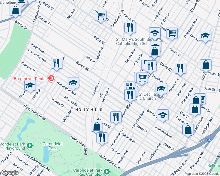 map of restaurants, bars, coffee shops, grocery stores, and more near 3697 Bellerive Boulevard in St. Louis