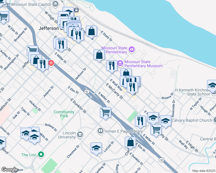 map of restaurants, bars, coffee shops, grocery stores, and more near 708 East Handley Way in Jefferson City
