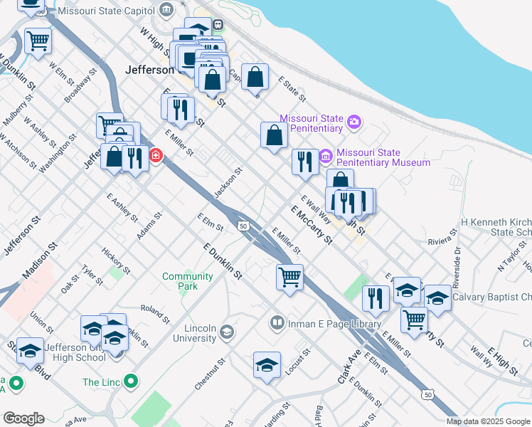 map of restaurants, bars, coffee shops, grocery stores, and more near 500 Lafayette Street in Jefferson City