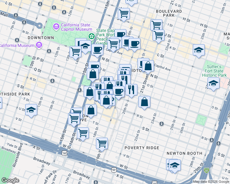 map of restaurants, bars, coffee shops, grocery stores, and more near 1831 Q Street in Sacramento
