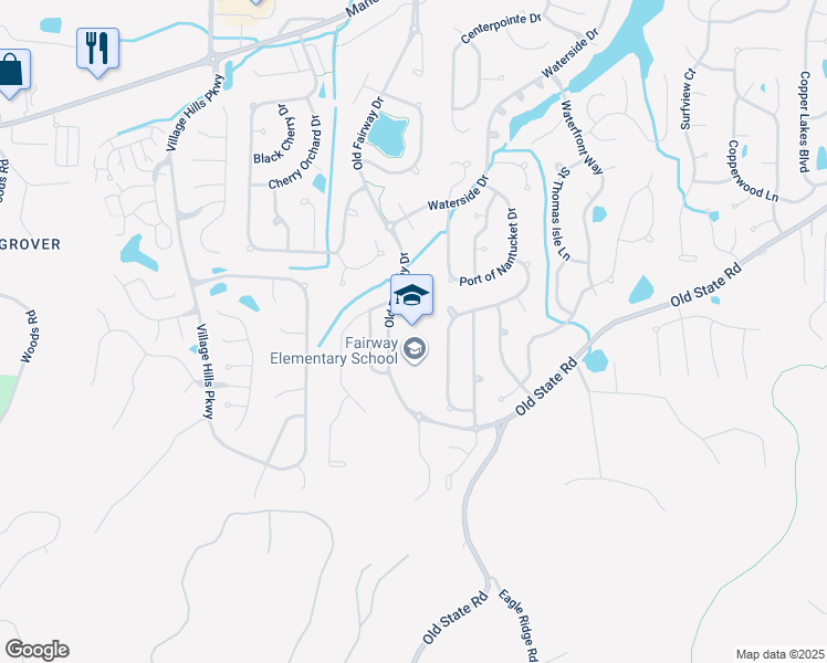 map of restaurants, bars, coffee shops, grocery stores, and more near 480 Old Fairway Dr in Grover