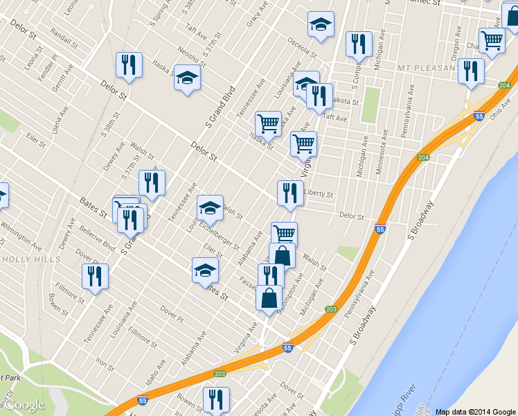 map of restaurants, bars, coffee shops, grocery stores, and more near 5026 Idaho Avenue in St. Louis