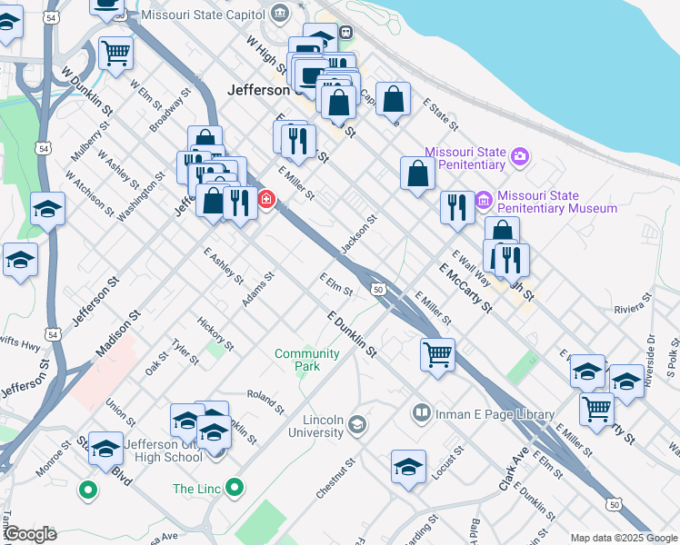 map of restaurants, bars, coffee shops, grocery stores, and more near 601 Jackson Street in Jefferson City