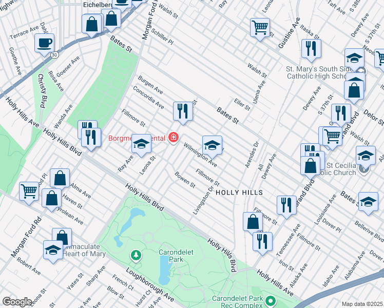 map of restaurants, bars, coffee shops, grocery stores, and more near 3970 Wilmington Avenue in St. Louis