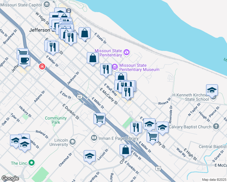 map of restaurants, bars, coffee shops, grocery stores, and more near 801 East McCarty Street in Jefferson City