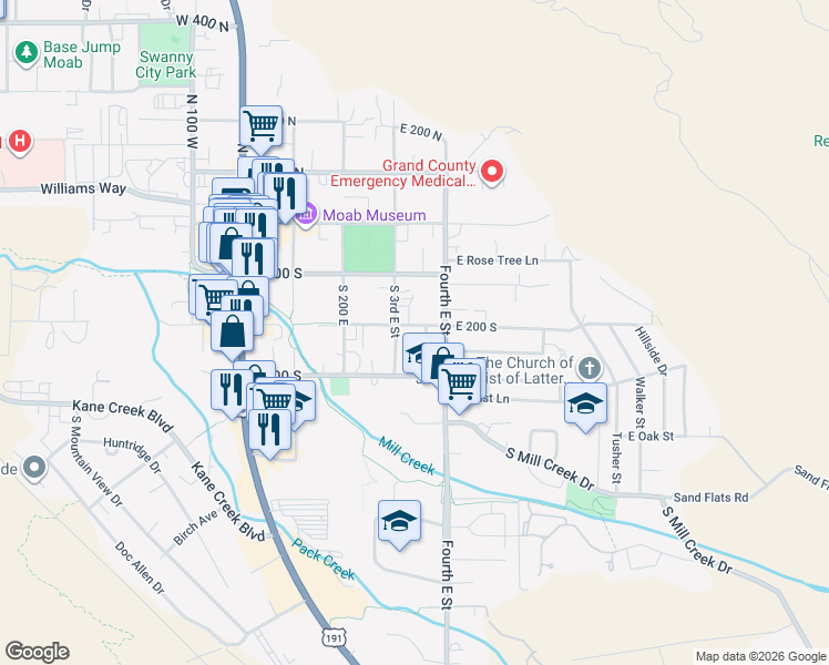 map of restaurants, bars, coffee shops, grocery stores, and more near 346 East 200 South in Moab