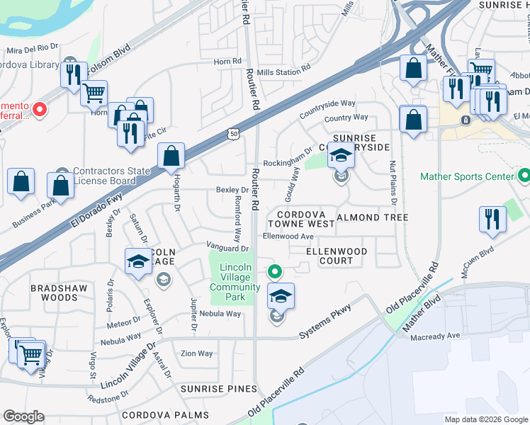 map of restaurants, bars, coffee shops, grocery stores, and more near 10112 Crawford Way in Sacramento