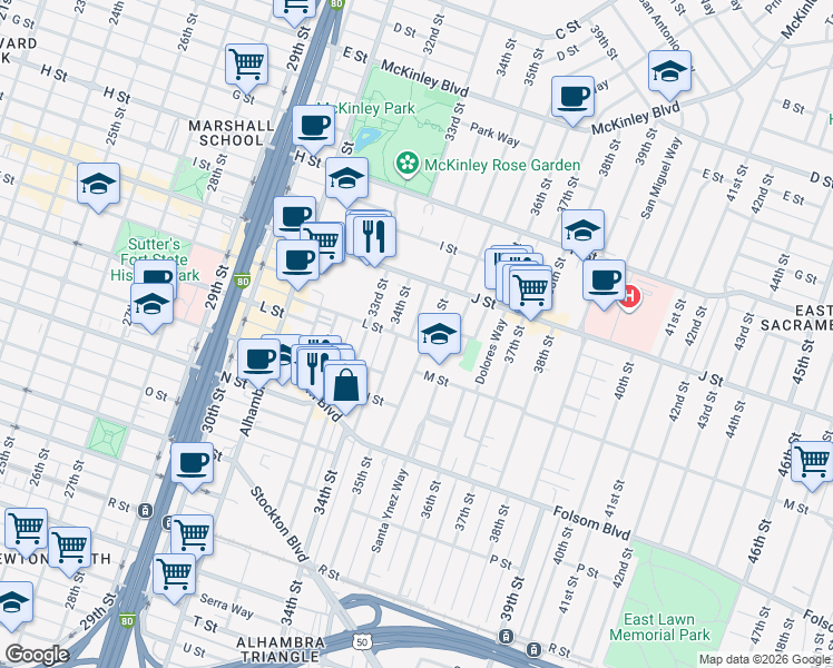 map of restaurants, bars, coffee shops, grocery stores, and more near 3462 L Street in Sacramento