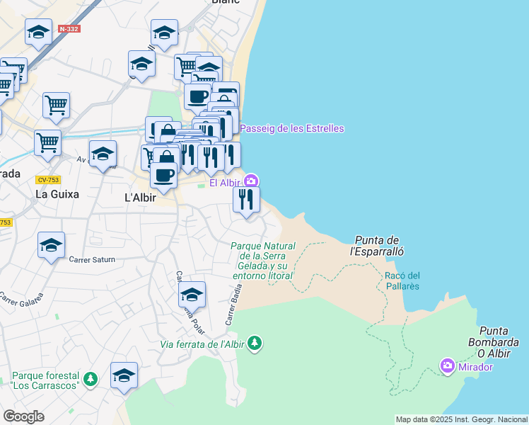 map of restaurants, bars, coffee shops, grocery stores, and more near 23 Camí Vell del Far in l'Alfàs del Pi