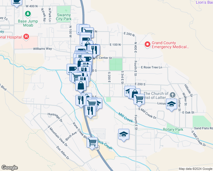 map of restaurants, bars, coffee shops, grocery stores, and more near 260 South 2nd East Street in Moab