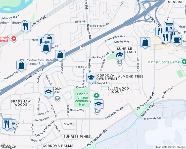 map of restaurants, bars, coffee shops, grocery stores, and more near 10112 Crawford Way in Sacramento