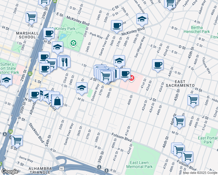 map of restaurants, bars, coffee shops, grocery stores, and more near 1050 38th Street in Sacramento