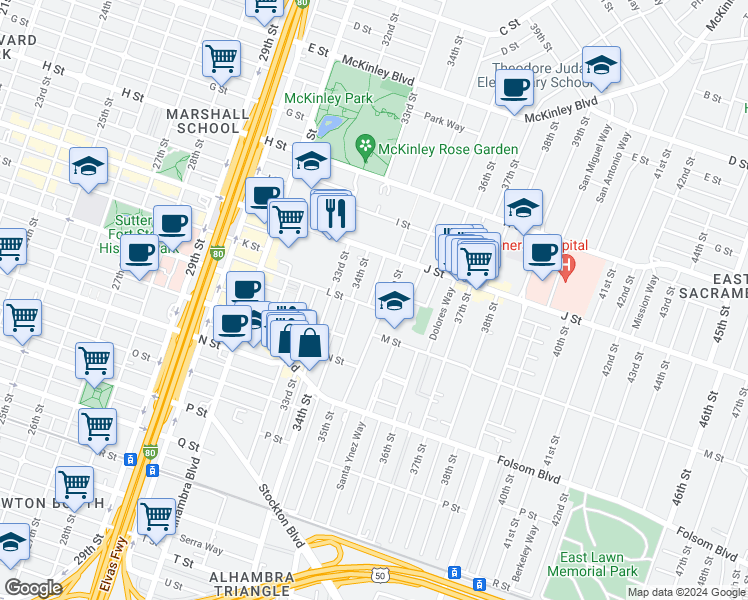 map of restaurants, bars, coffee shops, grocery stores, and more near 3462 L Street in Sacramento