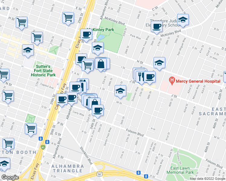 map of restaurants, bars, coffee shops, grocery stores, and more near 1135 Santa Barbara Street in Sacramento