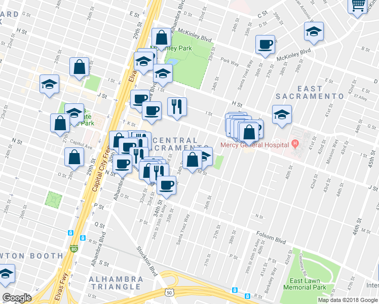 map of restaurants, bars, coffee shops, grocery stores, and more near 3462 L Street in Sacramento