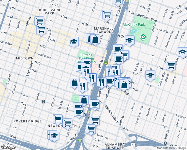 map of restaurants, bars, coffee shops, grocery stores, and more near in Sacramento