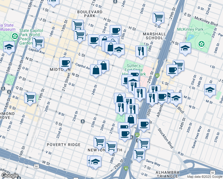 map of restaurants, bars, coffee shops, grocery stores, and more near 2521 O Street in Sacramento