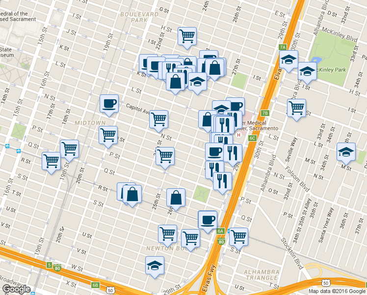 map of restaurants, bars, coffee shops, grocery stores, and more near 2521 O Street in Sacramento