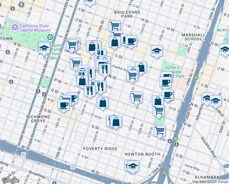 map of restaurants, bars, coffee shops, grocery stores, and more near 1520 23rd Street in Sacramento