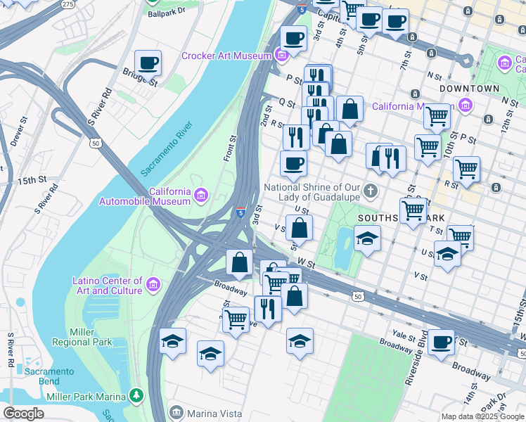map of restaurants, bars, coffee shops, grocery stores, and more near 2130 4th Street in Sacramento