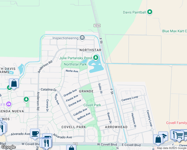 map of restaurants, bars, coffee shops, grocery stores, and more near 220 Luz Place in Davis