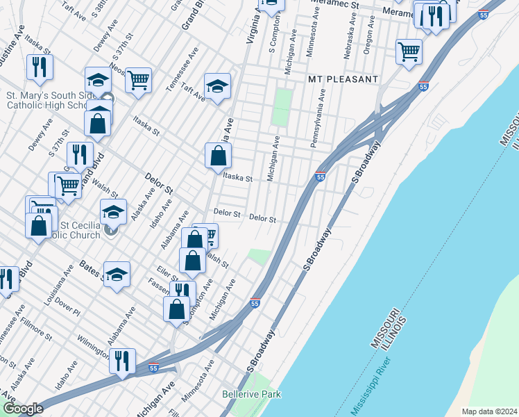 map of restaurants, bars, coffee shops, grocery stores, and more near in St. Louis