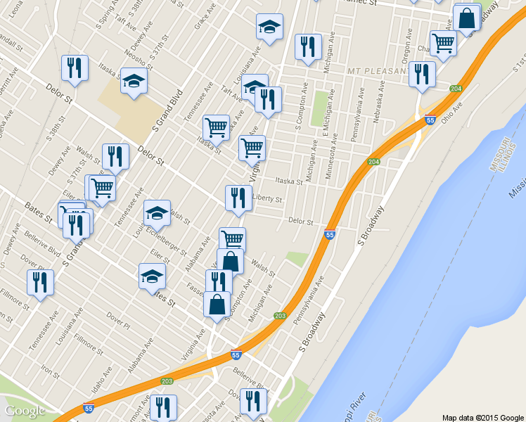 map of restaurants, bars, coffee shops, grocery stores, and more near 3220 Delor Street in St. Louis